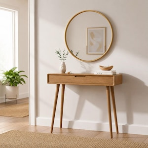 Narrow Entryway Table with Drawer, Console Desk for Small Spaces, Japandi Solid Wood Furniture