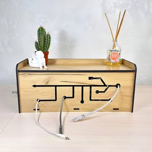 Desk Cable Management Box to Hide Power Strip, Cord Organizer for Home Office, Oak Finish Storage