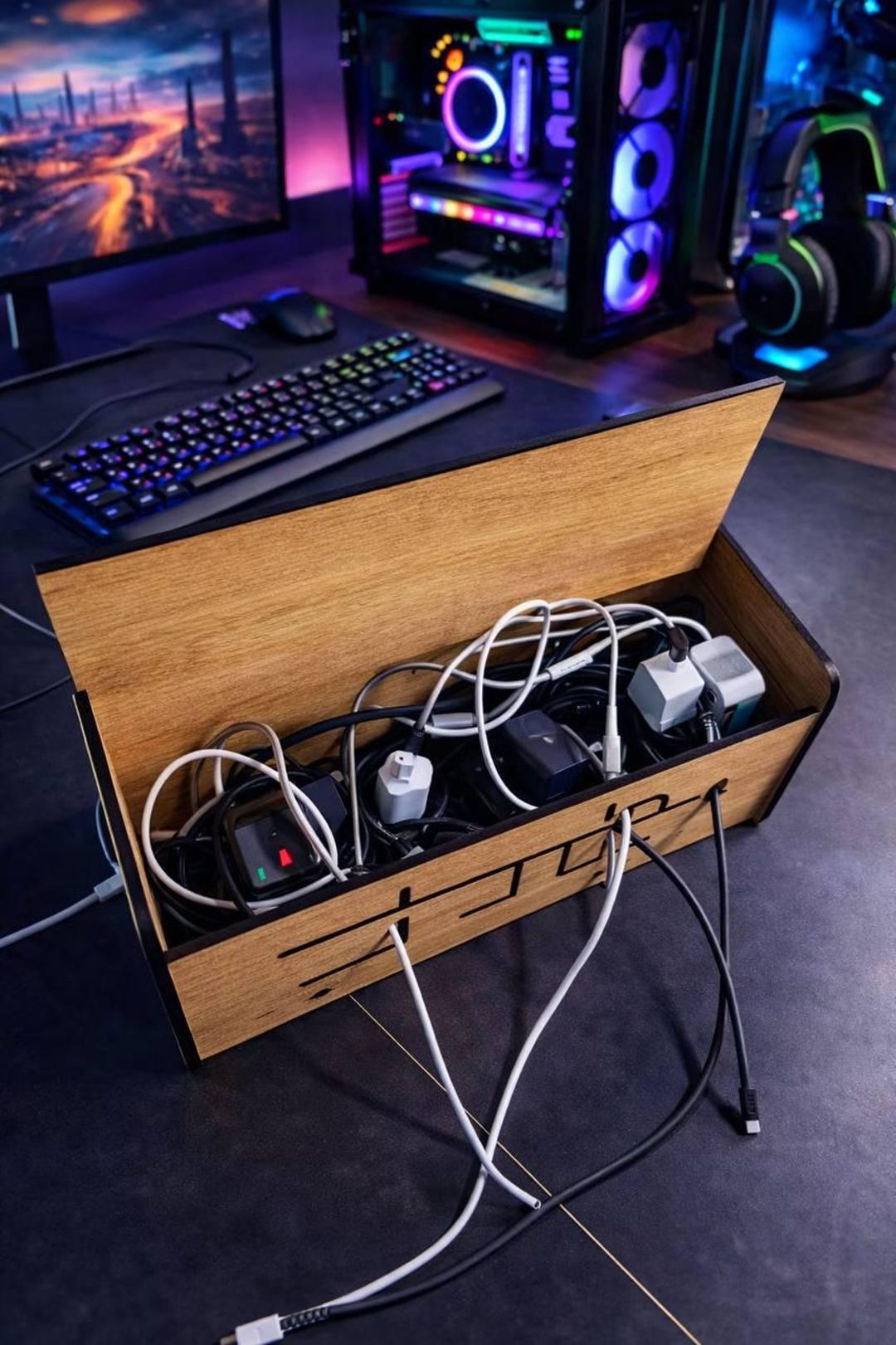 Solid Oak Wooden Cable Management Box for Gaming Desk Setup, Power ...