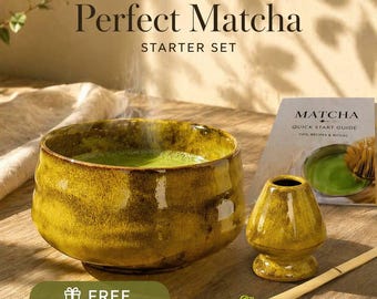 Juego de cuenco para matcha hecho a mano Chawan de 550 ml con soporte para batidor + guía gratuita, juego de matcha de cerámica, kit de ceremonia del té japonés, regalo para amantes del té matcha