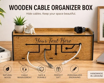 Gepersonaliseerde houten kabelopbergdoos, gegraveerd bureaubeheer, handgemaakt Oekraïne, eikenhouten afwerking