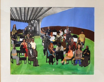 May include: A framed collage artwork depicting a group of people sitting in a semi-circle on a green lawn. The people are all wearing different clothes and have different hairstyles. The artwork is titled "Notable" and is dated 2017.