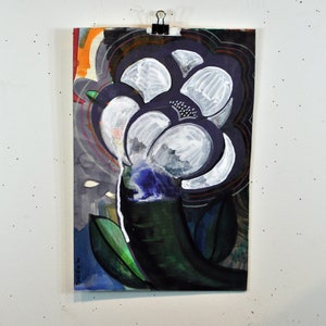 Abstrakte weiße Blume. Original Mixed Media Zeichnung.