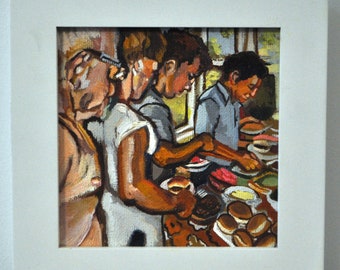 Familien Essen Gemälde; Iowa Familie; Lunch Painting; Chow Linie. Original Ölgemälde.