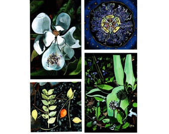 Night Blooming Flowers, Kartenset. Magnolien Karte, Löwenzahn Karte, Passionsblume Karte, Juwel Blumen, gelbe Blattkarten, Geschenk für Pflanzenliebhaber