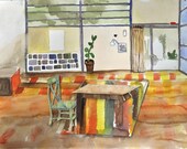 Eames Inspired Modern Interior. Original Watercolor Painting.