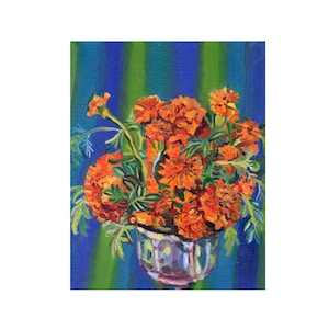 Marigolds with blue and green stripes, Marigold Artwork, Cempasuchitl artwork, Marigold painting, spirit flowers art, Limited Edition Print.