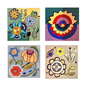 Karty z notatkami Flower Power, karty z motywem ludowym, karty z kwiatowymi wzorami ludowymi, karty z kwiatowymi rysunkami, kolorowe karty z kwiatami, karty psychodeliczne,