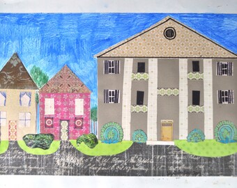 Colorful Neighborhood Collage, Paper Illustration (10x16 in)