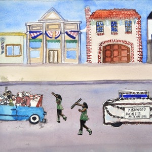 Parade Kirkwood; Kirkwood Missouri art; community parade art; community spirit image;  Original Collage Watercolor.