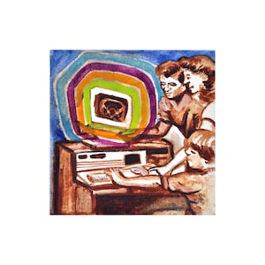Puede incluir: Una pintura de tres personas usando una computadora vintage. La computadora tiene un monitor con un diseño colorido y giratorio detrás. Las personas visten ropa casual y están concentradas en la computadora.