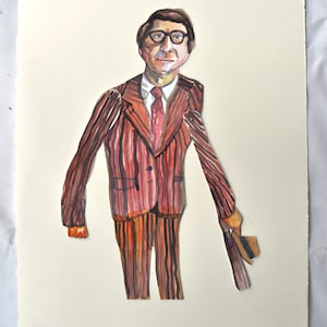 De zakenman, zakenman schilderen, poppenkunstwerk, zakenman met kofferillustratie, originele aquarelpop.