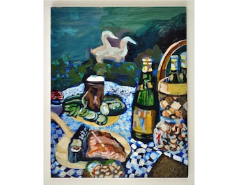 Smorgasbord acrylic painting, food art painting, Danish food painting, feast artwork, picnic painting,  Original acrylic painting.