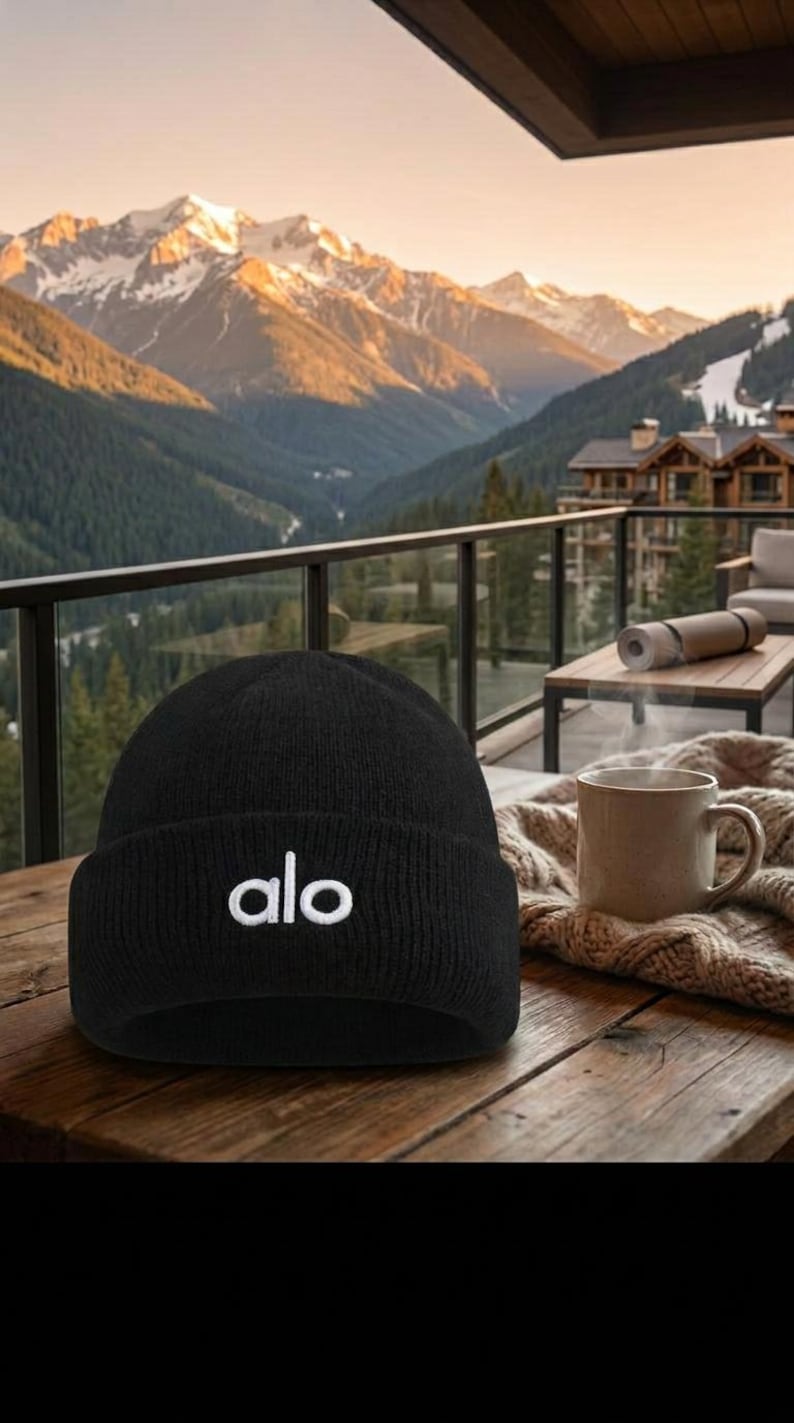 Puede incluir: Un gorro negro con el texto blanco "alo" se muestra en una mesa de madera. El fondo presenta una vista panor&aacute;mica de monta&ntilde;as y un valle. Una taza de caf&eacute; est&aacute; sobre una manta de punto.
