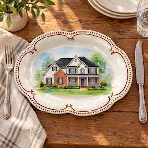 Prato personalizado com retrato da casa, travessa de cerâmica pintada à mão, arte personalizada para a casa, presente de boas-vindas, presente para quem compra a primeira casa, presente para corretor de imóveis.