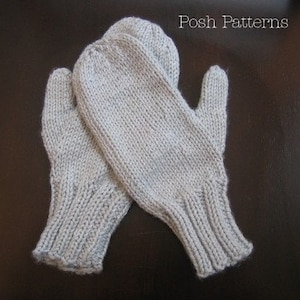 May include: A pair of grey knitted mittens with a ribbed cuff. Posh Patterns is written in white text on a black background.