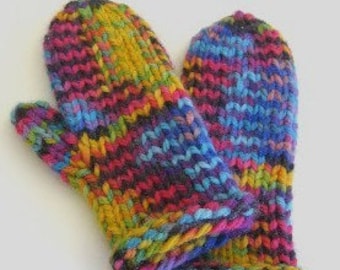 May include: A pair of colorful knitted mittens with a striped pattern. The mittens are made with a variety of colors, including blue, green, yellow, pink, and purple.
