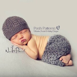 May include: A newborn baby wearing a gray crocheted hat and matching pants. The baby is sleeping on a gray blanket. The image includes the text "Posh Patterns Modern Crochet & Knitting Designs".