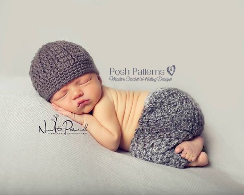 May include: A newborn baby wearing a gray crocheted hat and matching pants. The baby is sleeping on a gray blanket. The image includes the text "Posh Patterns Modern Crochet & Knitting Designs".