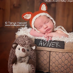 May include: A newborn baby wearing a crocheted fox hat sleeps in a basket with a plush hedgehog toy. The basket is made of burlap and has a chalkboard sign that says "Avner".