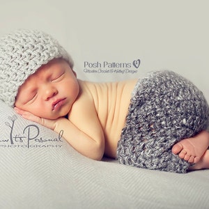 May include: A newborn baby wearing a gray crocheted hat and matching shorts. The baby is sleeping on a white blanket. The image includes the text "Now It's Personal Photography" and "Posh Patterns Modern Crochet & Knitting Designs".