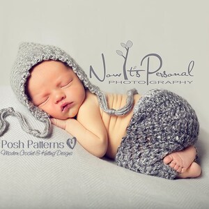 May include: A newborn baby wearing a gray crocheted hat and matching pants. The baby is sleeping peacefully on a gray blanket. The image includes the text "Now It's Personal Photography" and "Posh Patterns Modern Crochet & Knitting Designs".