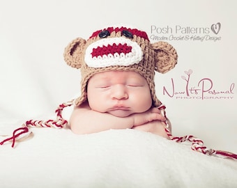 Crochet Pattern - Sock Monkey Hat Crochet Pattern - Crochet Hat Pattern - Crochet Pattern Baby -  Includes 3 Sizes - PDF 308