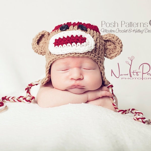 Crochet Pattern - Sock Monkey Hat Crochet Pattern - Crochet Hat Pattern - Crochet Pattern Baby -  Includes 3 Sizes - PDF 308