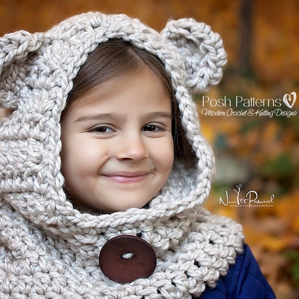 Crochet PATTERN - Crochet Pattern Baby - Bear Hood Pattern - Hooded Scarf - Baby, Toddler, Kids, Adult Sizes - PDF 396 Digital Download