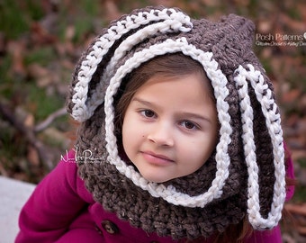 Crochet PATTERN - Bunny Hooded Cowl Pattern - Hooded Scarf Pattern - Crochet Pattern Kids - Baby, Toddler, Kids, Adult Sizes - PDF 337