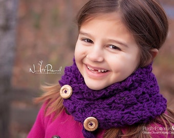 CROCHET PATTERN - Button Cowl Crochet Pattern, Crochet Cowl Pattern, Scarf Pattern (Toddler Child Adult Sizes) - Instant PDF Download 267