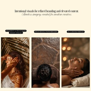May include: An image with three panels showcasing spa treatments. The first panel shows a person receiving a head massage, the second shows a person lying face down, and the third shows a person receiving a facial massage. Text at the top reads: "Intentional visuals for refined branding and elevated content."