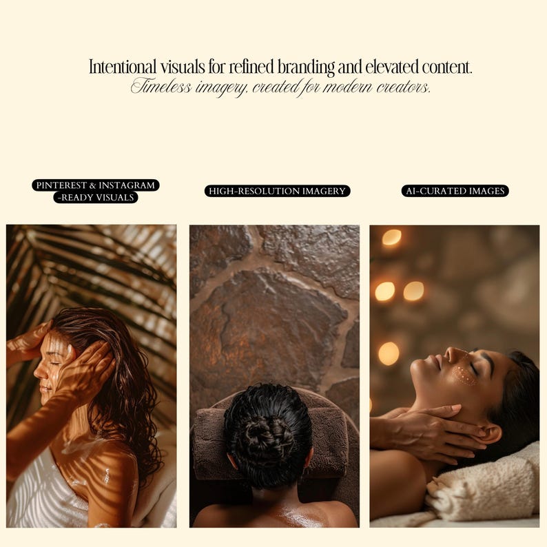 May include: An image with three panels showcasing spa treatments. The first panel shows a person receiving a head massage, the second shows a person lying face down, and the third shows a person receiving a facial massage. Text at the top reads: "Intentional visuals for refined branding and elevated content."