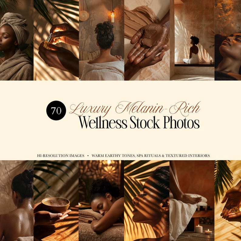 May include: A collage of images featuring spa rituals and wellness themes. The images showcase people in various spa settings, with warm earthy tones and textured interiors. The text in the image reads "70 Luxury Melanin-Rich Wellness Stock Photos."