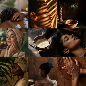 May include: A collage of images depicting spa treatments. Scenes include people receiving massages, applying face masks, and holding bowls of products. The lighting is warm, with natural light and shadows. The overall theme is relaxation and wellness.