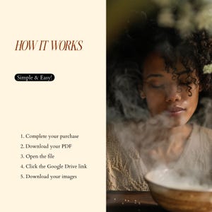 May include: An image with the text "HOW IT WORKS" in a serif font. Below, the text "Simple & Easy!" is in a black box. Steps 1-5 are listed below, describing the process of completing a purchase and downloading images. A woman is in the background.
