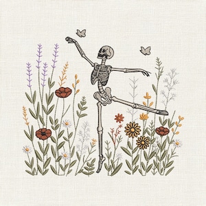 May include: An embroidery design on light fabric featuring a skeleton in a dancing pose surrounded by wildflowers in shades of orange, red, yellow, and purple. Two small butterflies are positioned near the skeleton's raised arms.