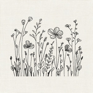 May include: Black and white embroidered floral design on a cream-colored fabric. The embroidery features various wildflowers and grasses with detailed line work. The design is a simple, elegant botanical illustration.