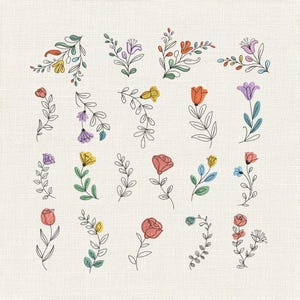 May include: A collection of hand-drawn floral illustrations. The designs feature various flowers and leaves in a range of colors, including red, yellow, purple, and blue, with black outlines. The background is a light beige.