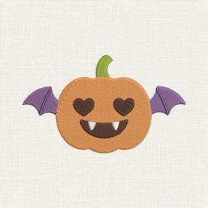 May include: An embroidered patch featuring an orange pumpkin with a green stem, dark brown heart-shaped eyes, and a dark brown mouth with two white fangs. The pumpkin has purple bat wings extending from each side, rendered in a dense stitch.