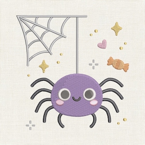 May include: An embroidery design featuring a round purple spider with eight dark grey legs, hanging from a grey spiderweb. The spider has large white eyes, a small smile, and pink cheeks. Surrounding it are small yellow stars, a pink heart, and an orange sweet.