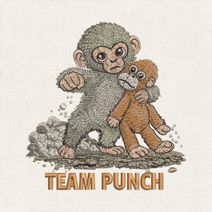 May include: An embroidered design featuring two cartoon monkeys. One gray monkey stands protectively over a smaller brown monkey. The text "TEAM PUNCH" is embroidered in gold thread below the monkeys. The design is on a textured, off-white background.