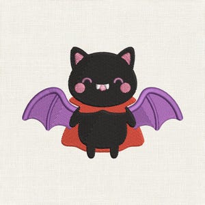 May include: An embroidered patch featuring a black bat character with pink inner ears and cheeks, white fangs, and a small pink mouth. The bat wears a red cape and has purple wings with detailed stitching, set against a textured white fabric background.