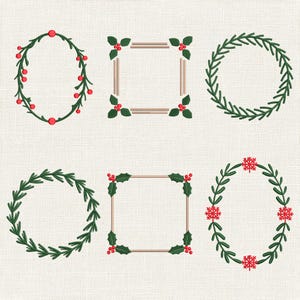 May include: A collection of six Christmas-themed embroidery designs. The designs include oval and circular wreaths with red berries, square frames with holly accents, and wreaths with green leaves and red snowflake accents. The designs are on a light beige background.