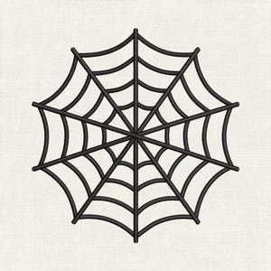 May include: A black embroidered spider web design featuring a symmetrical pattern of radiating lines connected by concentric curved segments. The embroidery is stitched with a raised texture, creating a clear and defined graphic representation.