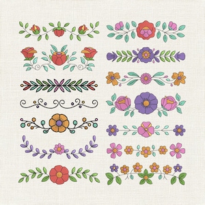 Floral Divider Embroidery Design Bundle, Flower Border Separator Machine Embroidery Files, Decorative Line Frame Pattern – DST PES, 9 sizes