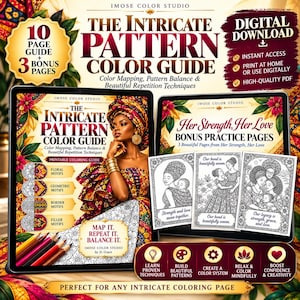 Pode incluir: Um guia de colorir digital intitulado The Intricate Pattern Color Guide da Imose Color Studio. Inclui um guia de 10 páginas, 3 páginas bônus e páginas de prática com ilustrações de pessoas e textos como Her Strength, Her Love.