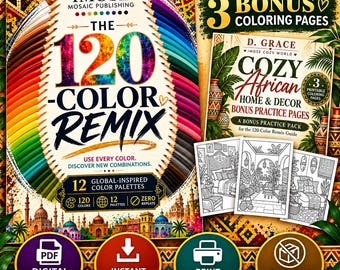 Puede incluir: Una guía de colorear digital titulada The 120-Color Remix de Imose Mosaic Publishing, con un borde de lápices arcoíris y arquitectura global. Incluye un paquete de práctica adicional Cozy African Home & Decor con tres páginas.