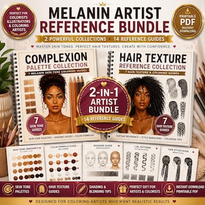 May include: A digital artist reference bundle featuring two spiral-bound guides titled Complexion Palette Collection and Hair Texture Reference Collection. The set includes 14 reference guides for skin tones and hair textures with illustrations.