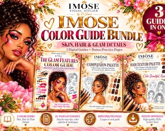 Puede incluir: Un paquete de guías de color digitales que incluye tres guías: The Glam Features Color Guide, The Complexion Palette y The Hair Texture Palette. La imagen muestra texto, detalles florales e ilustraciones de una persona con cabello rizado.